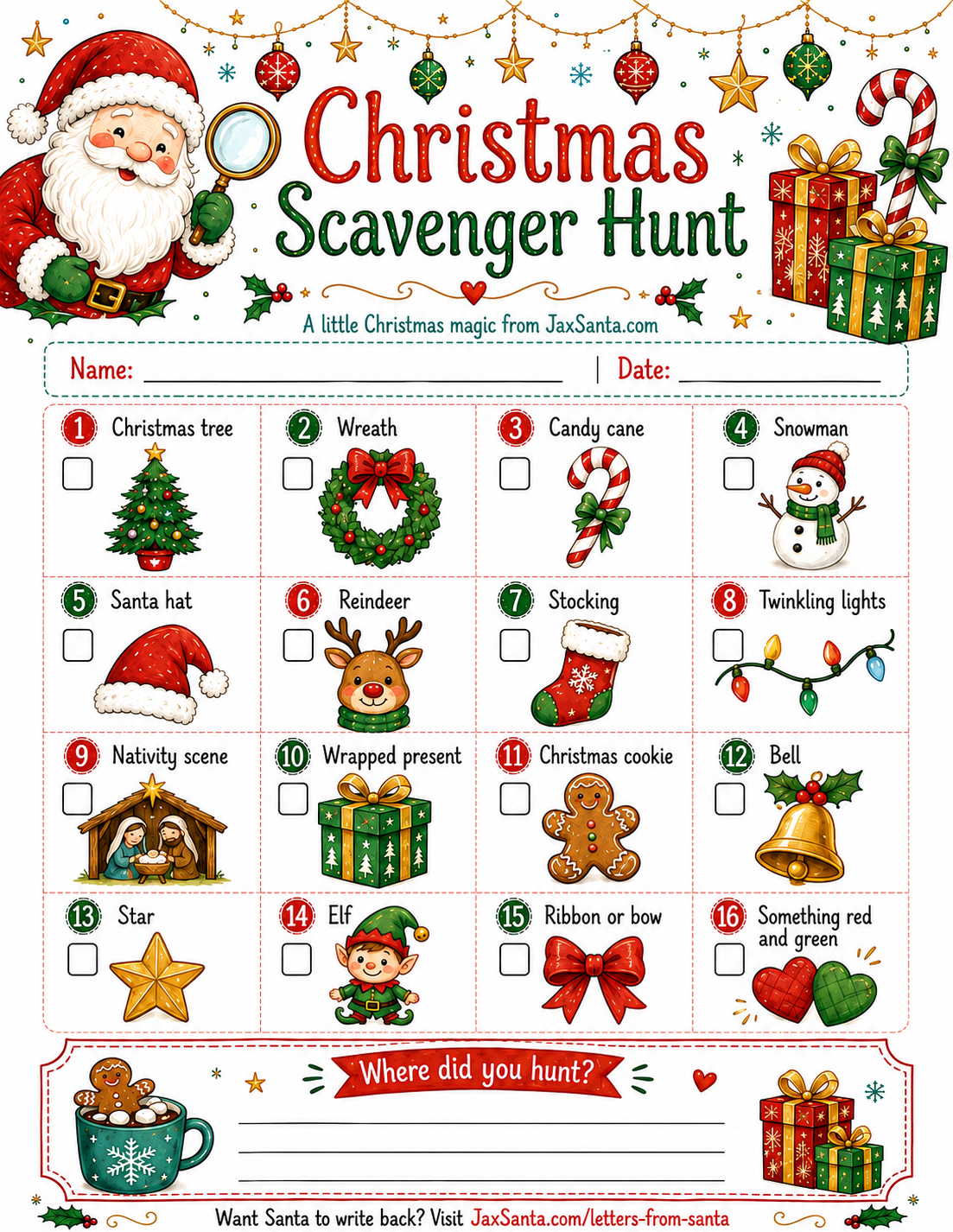 Christmas Scavenger Hunt free Christmas printable from JaxSanta