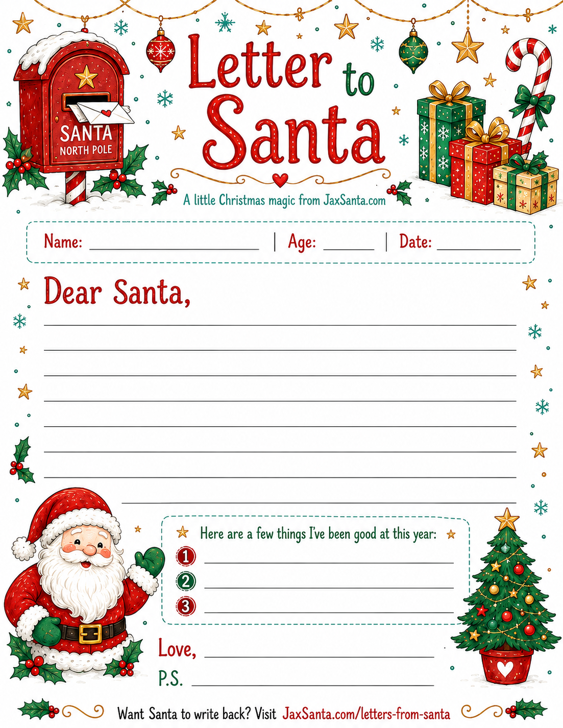 Letter to Santa free Christmas printable from JaxSanta