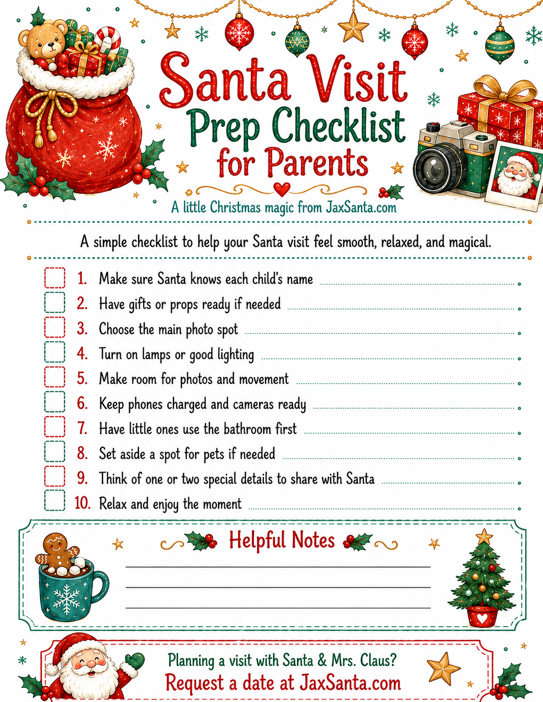 Santa Visit Prep Checklist for Parents free Christmas printable from JaxSanta
