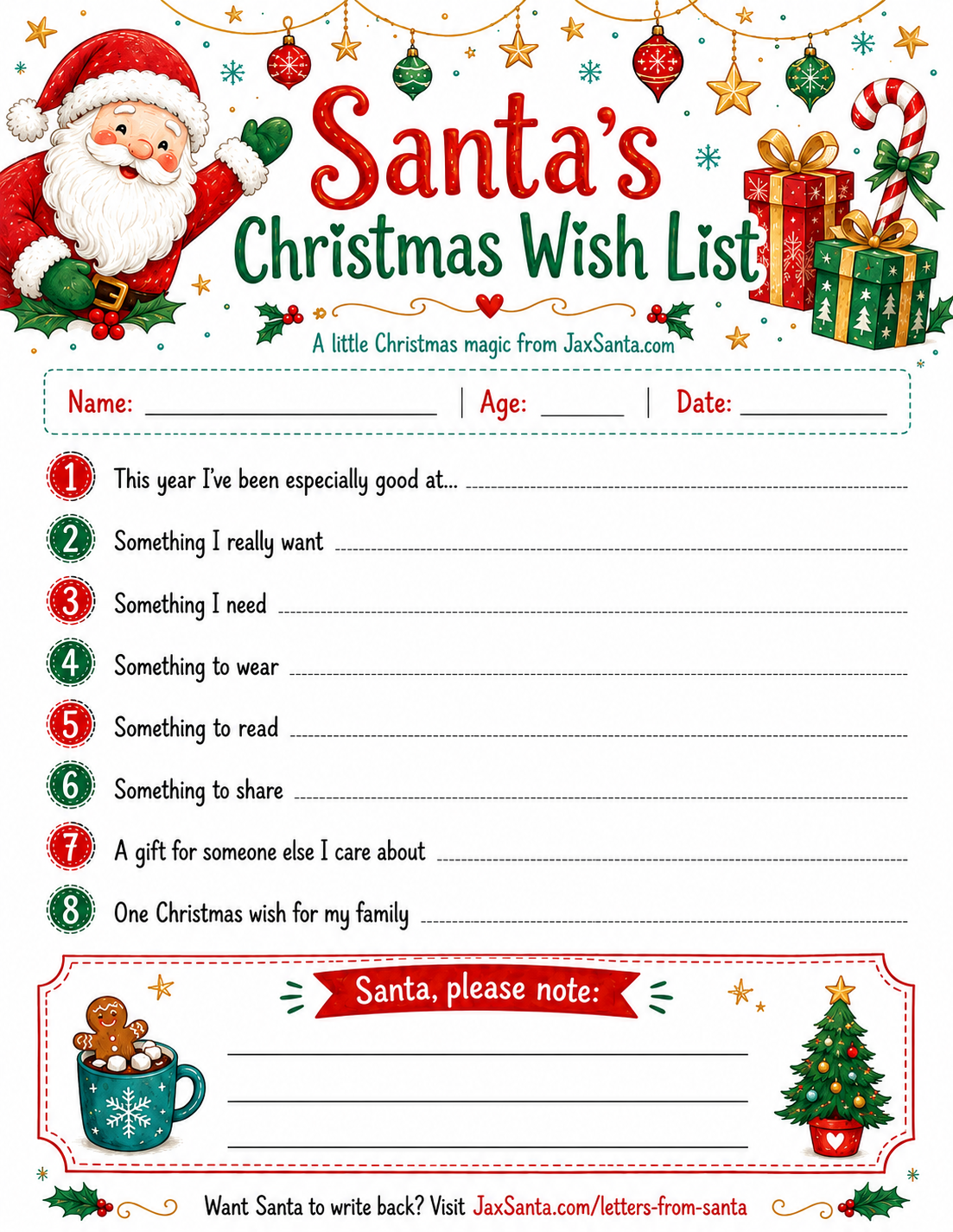 Santa’s Christmas Wish List free Christmas printable from JaxSanta