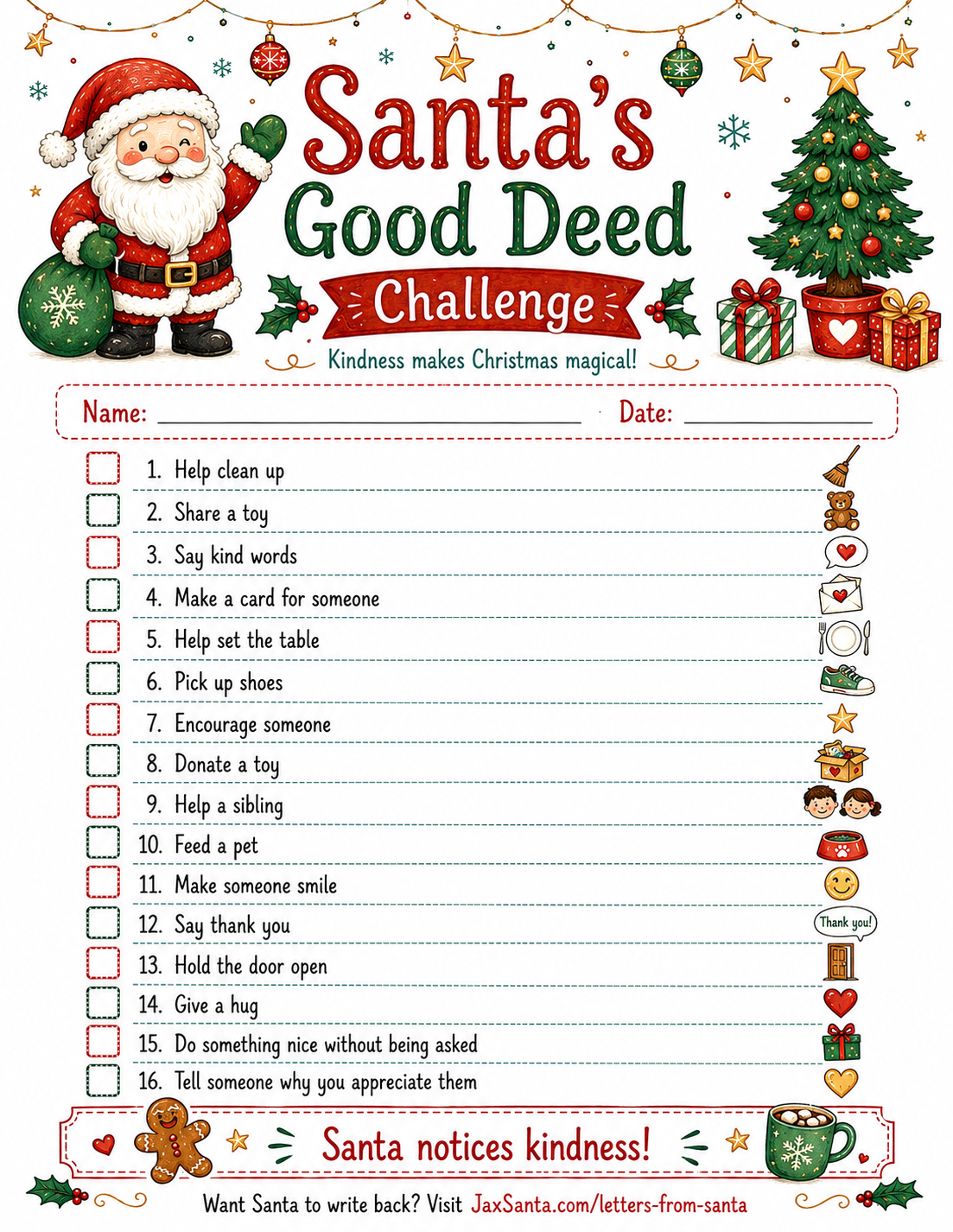 Santa’s Good Deed Challenge free Christmas printable from JaxSanta