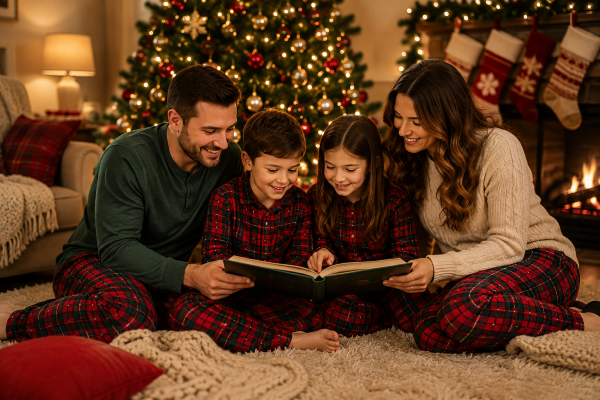 Family enjoying a cozy Christmas Eve tradition together