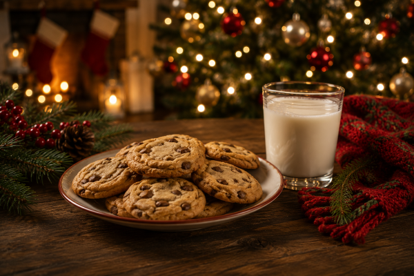 Cookies and milk set out for Santa on Christmas Eve
